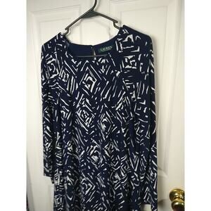 Lauren Ralph Lauren Woman 6 Dress Blue White Abstract Geometric Jersey Long...